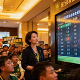 某球迷协会会长张姐在组织线下观赛时使用风行体育比分墙